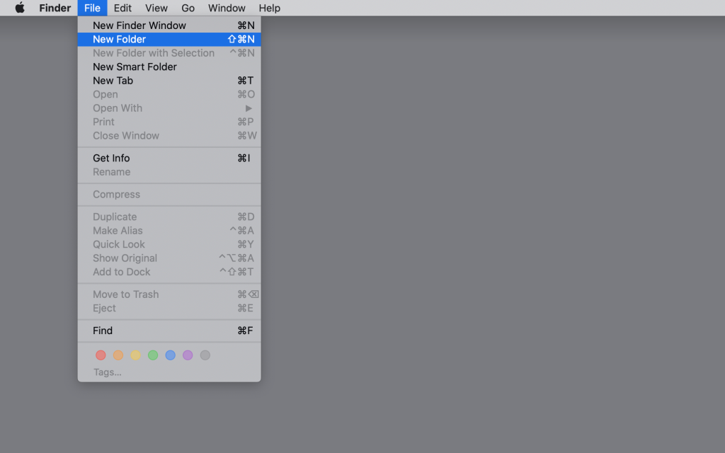 Creating a new folder via Finder's File menu.