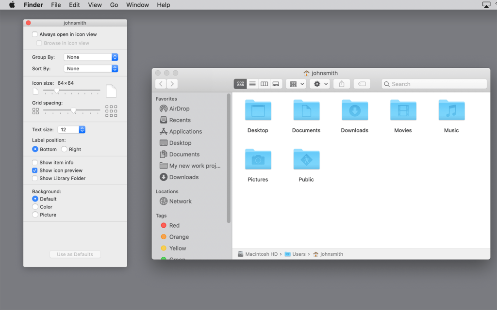 Finder's view options for windows in icon view.