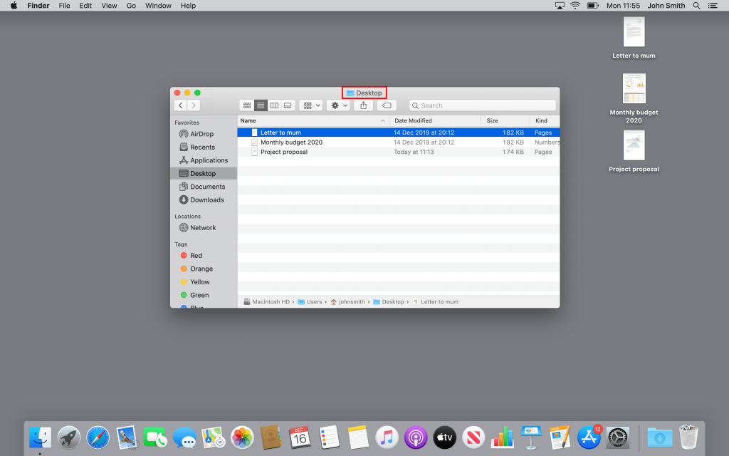 The name of your current location is indicated at the top of a Finder window. 