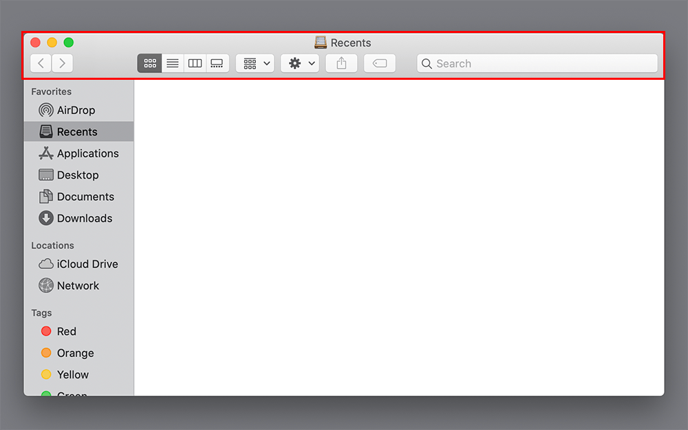 Finder window tool bar, indicated by red outline.