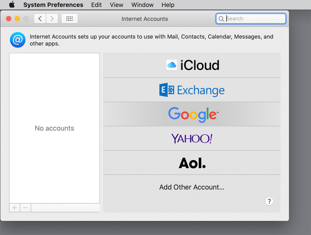 The Internet Accounts System Preferences pane.