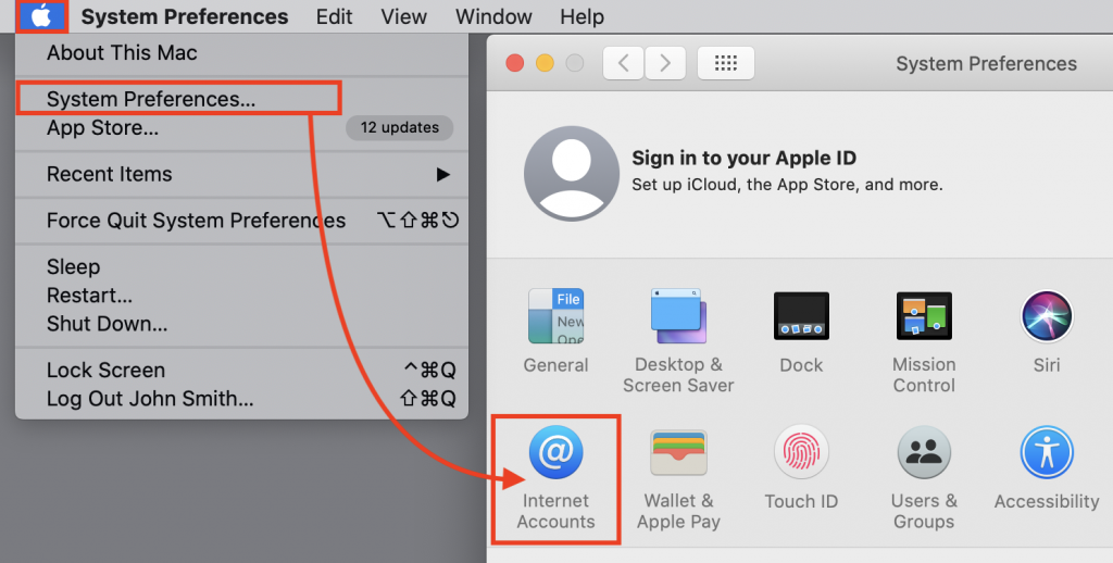 To add an internet account, open System Preferences from the Apple menu, then choose the Internet Accounts pane