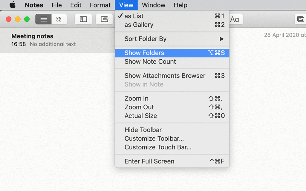 Apple Notes: View->Show Folders.