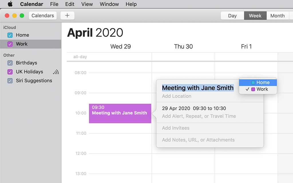 Switching to the iCloud calendar, Work, changes the colour of the event to purple.