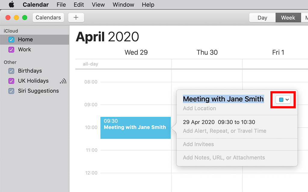 Double click the event to reveal calendar event details. Click the dropdown menu to change calendar.
