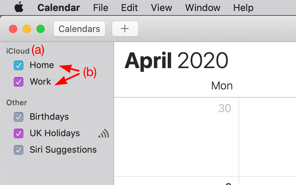 The calendars hosted with the account, iCloud, named Home and Work. 