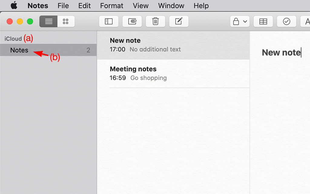 Notes contained in the folder, Notes.  The Notes folder is stored with iCloud.