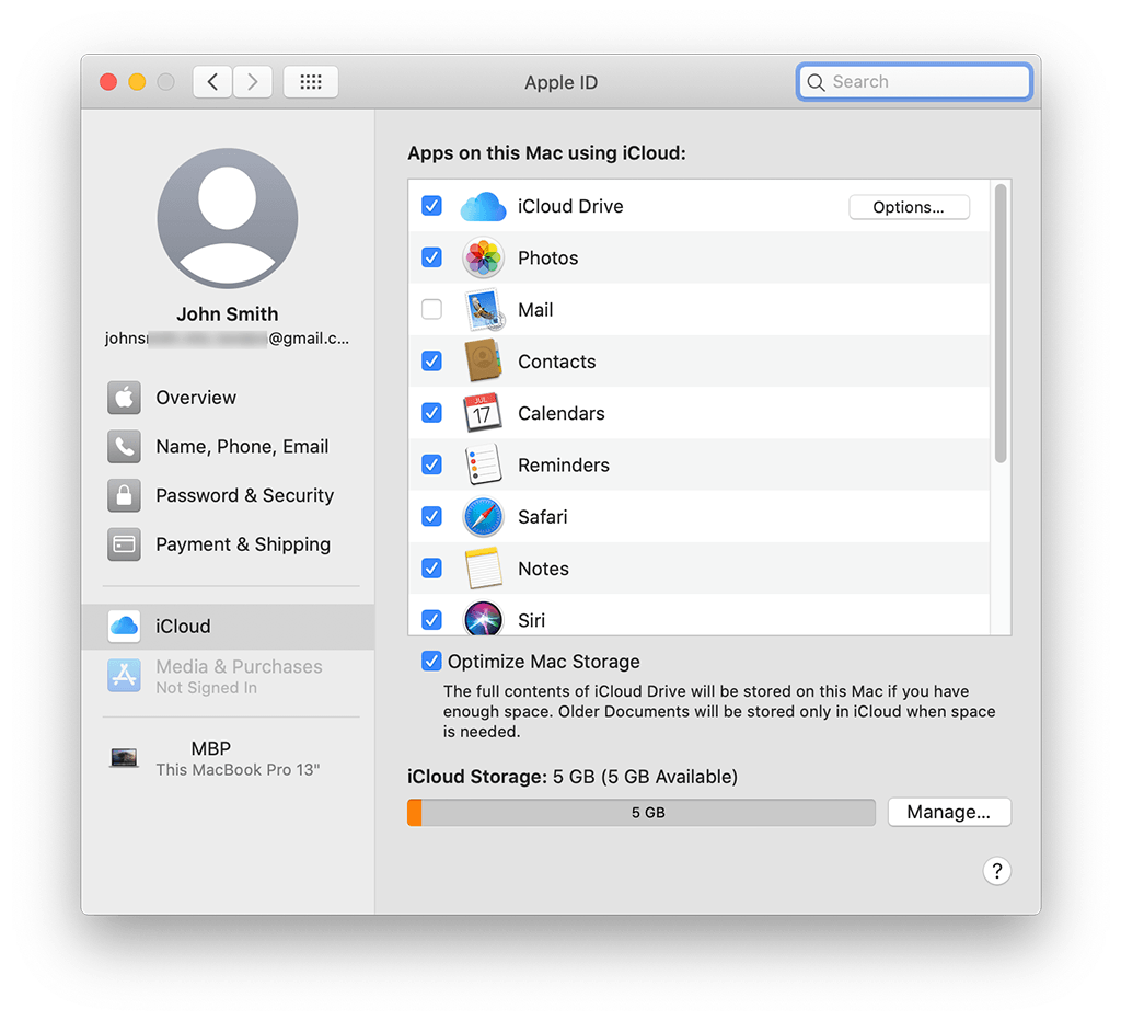 iCloud Settings, macOS. On the right, near the bottom, is the Optimise Mac Storage option. 