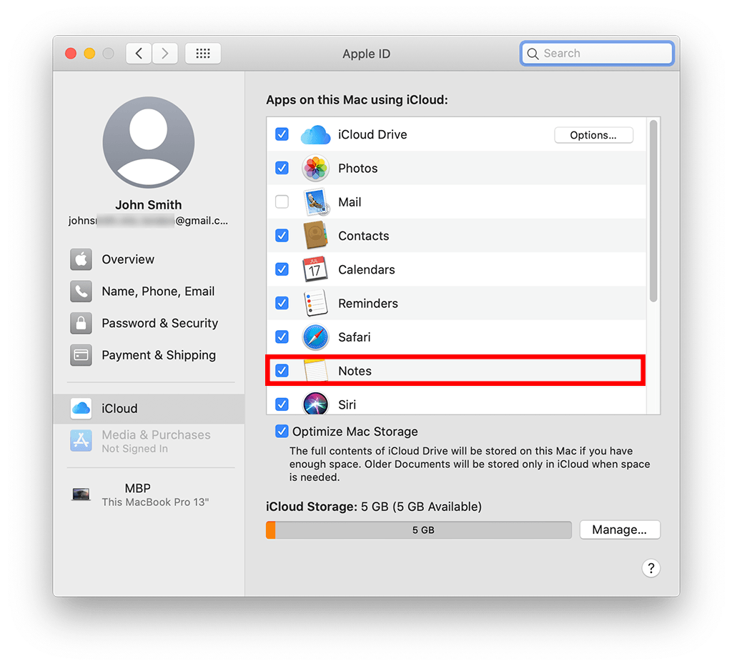 iCloud settings in System Preferences->Apple ID->iCloud, with Notes enabled. 
