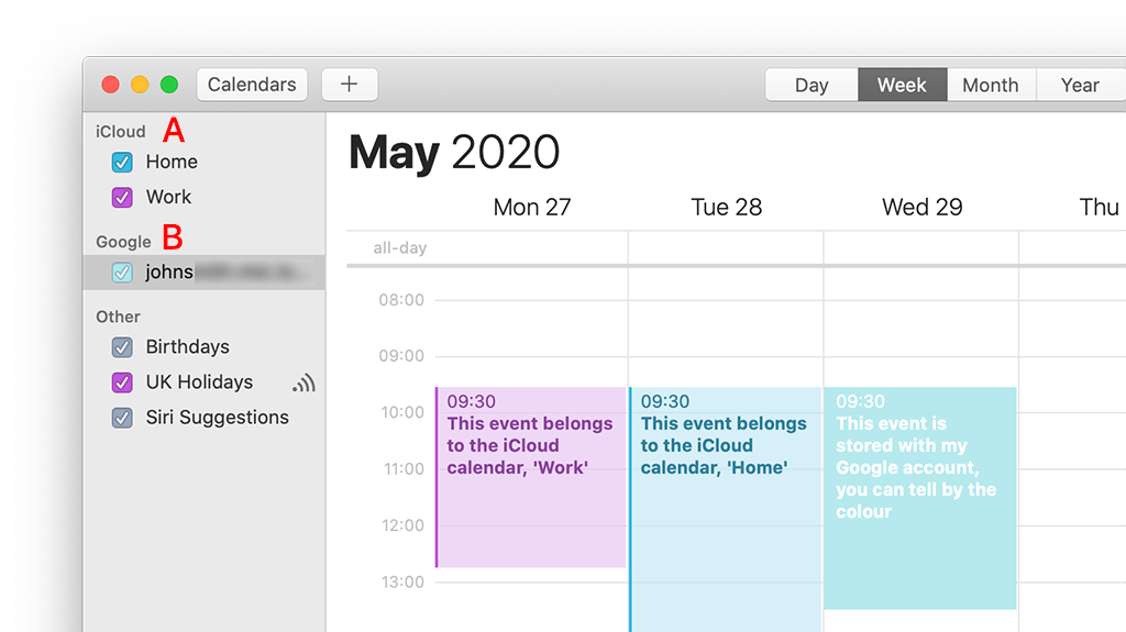 The Calendar app, with calendars belonging to multiple internet accounts. Calendar event colours indicate the calendar they belong to.