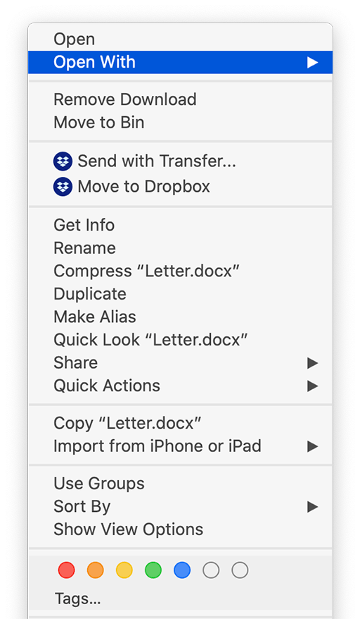 The contextual menu reseting from a right-click on a file called, Letter.docx.