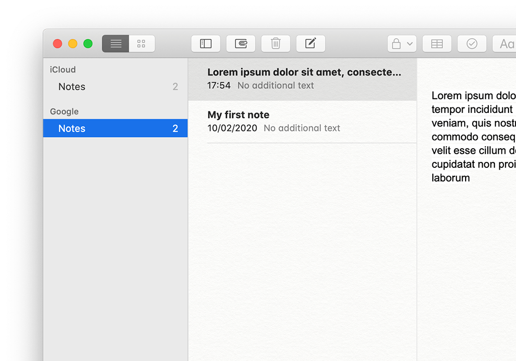 The Notes app, with multiple internet accounts.