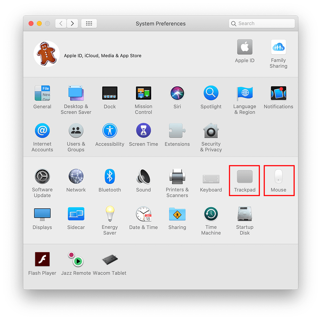 Settings for the Trackpad and Mouse can be found in System Preferences.