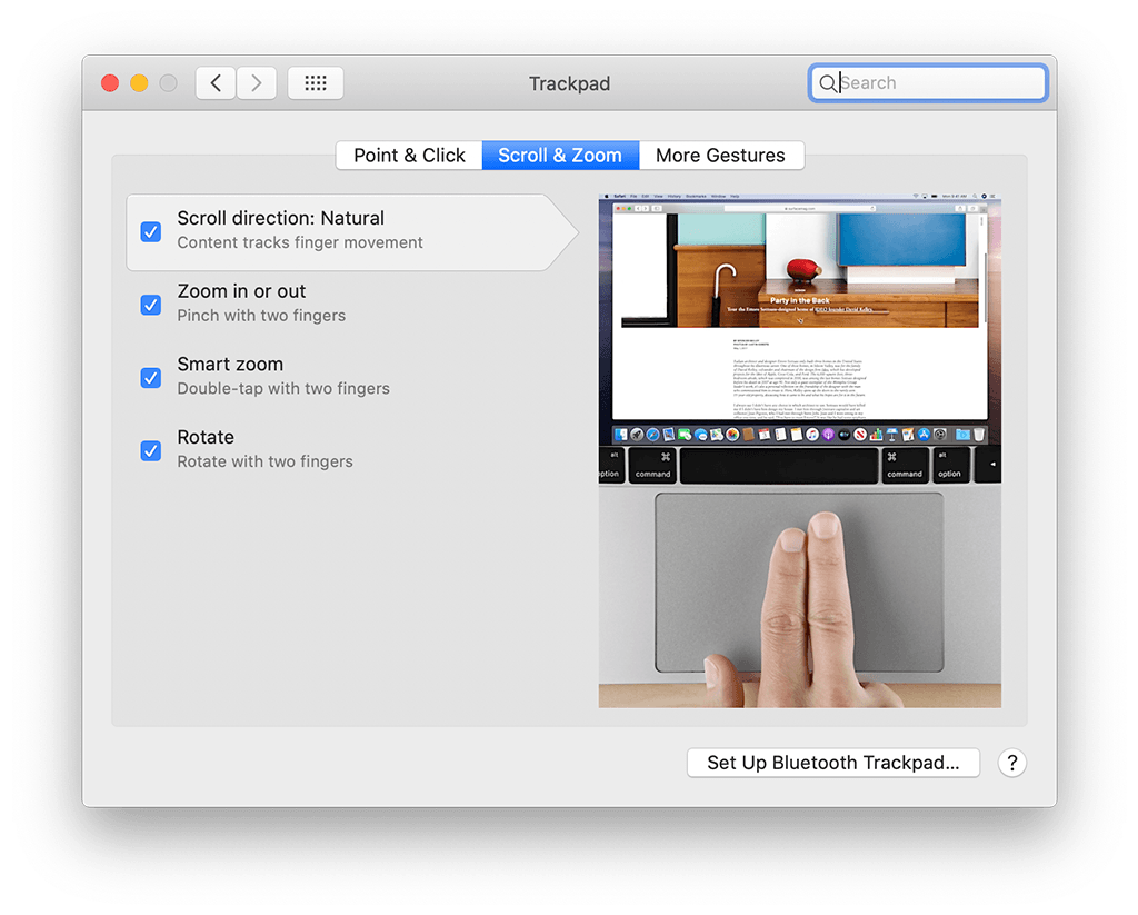 The Scroll & Zoom, and More Gestures tabs along the top of the Trackpad System Preferences pane.