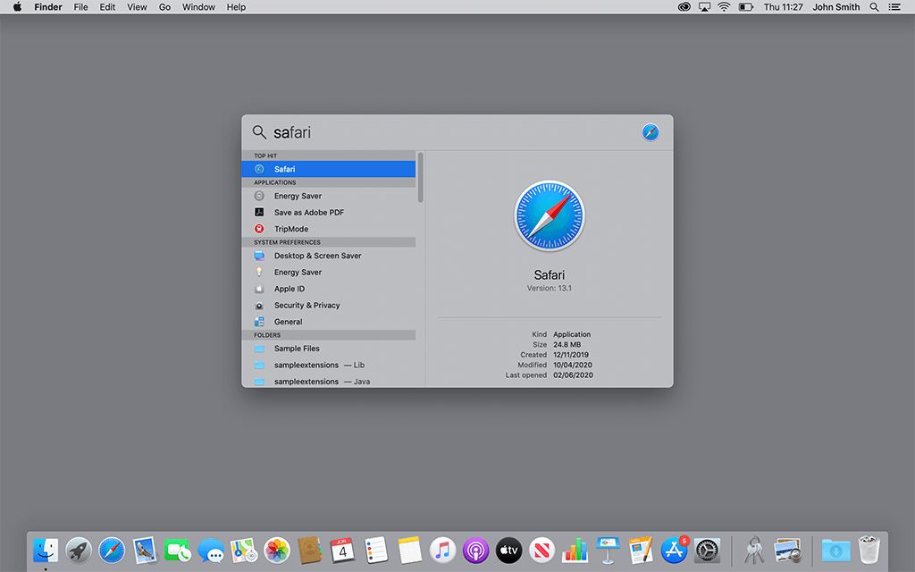 Typing the first few letters of an app, and Spotlight will try to predict what you're looking for. In this case, Safari is top of the list. With Safari selected in Spotlight's search results, pressing the Enter key will open it. 