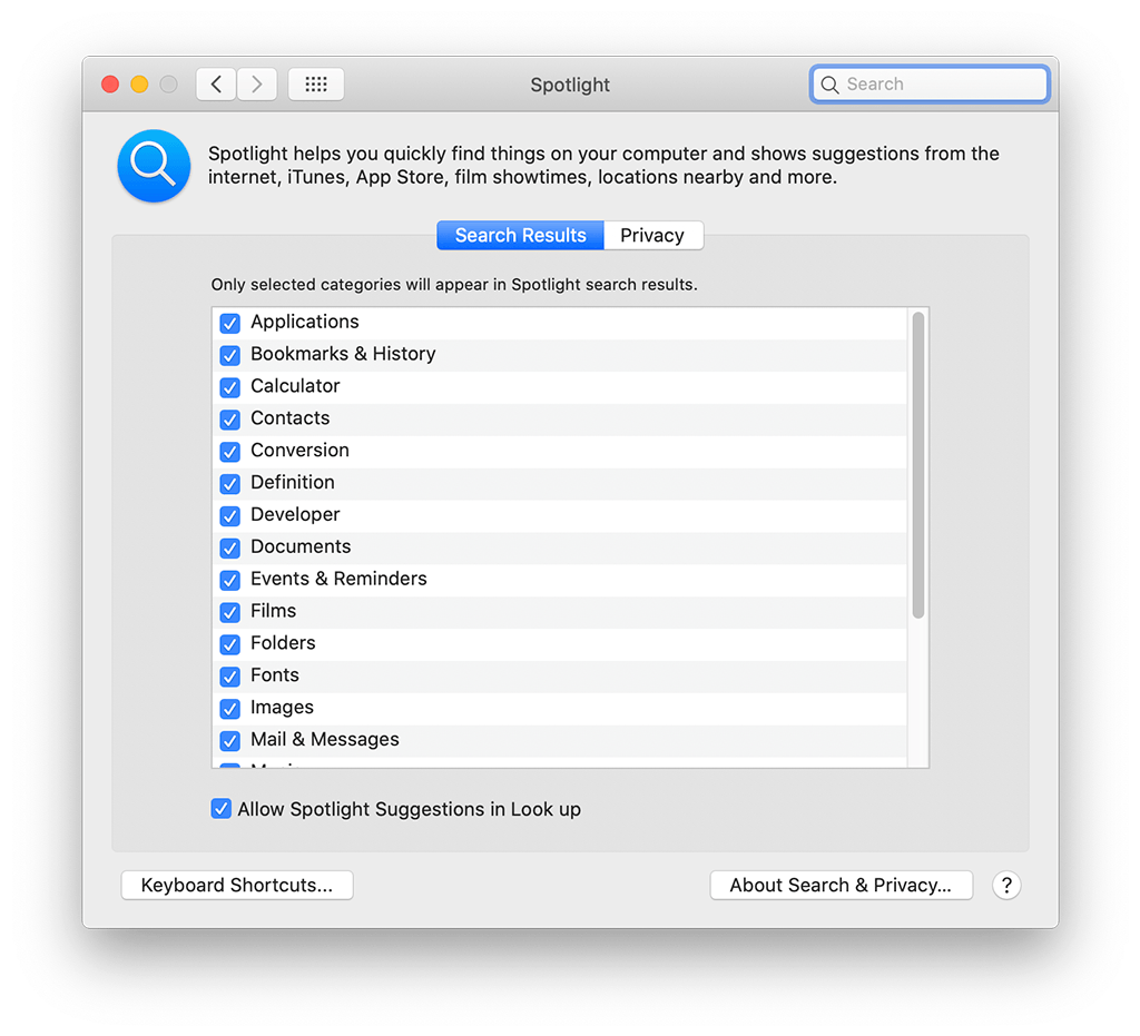 Spotlight's Search Results preferences, found in System Preferences.