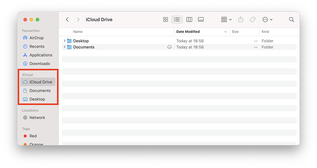 iCloud Drive Desktop & Documents, as seen in a Finder window. 